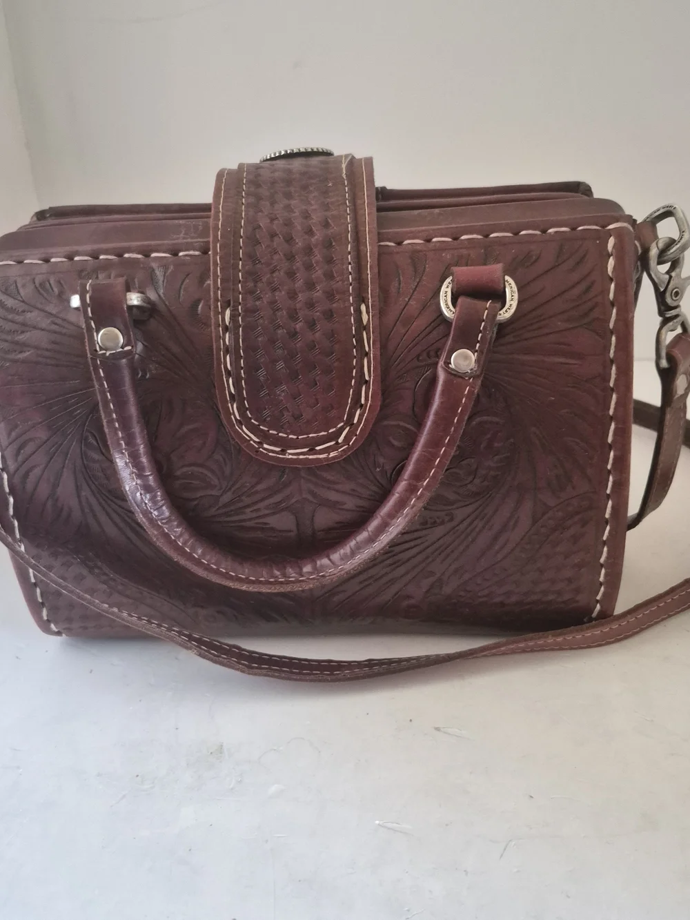 American West Red Rum Color Tooled Leather Handbag